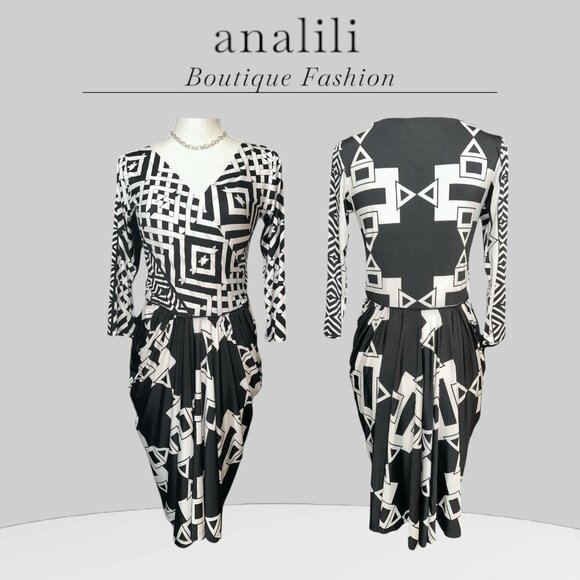 analili Dress Women M Black White Jersey Sheath Bodycon Ruched Waist Mermaid Hem - Picture 1 of 10